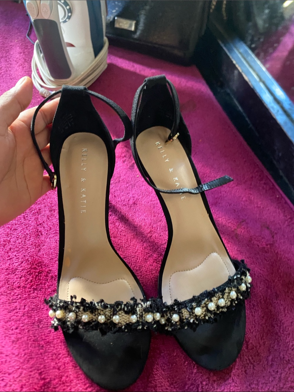Kelly & Katie Black Pearl-Embellished Ankle-Strap Heels